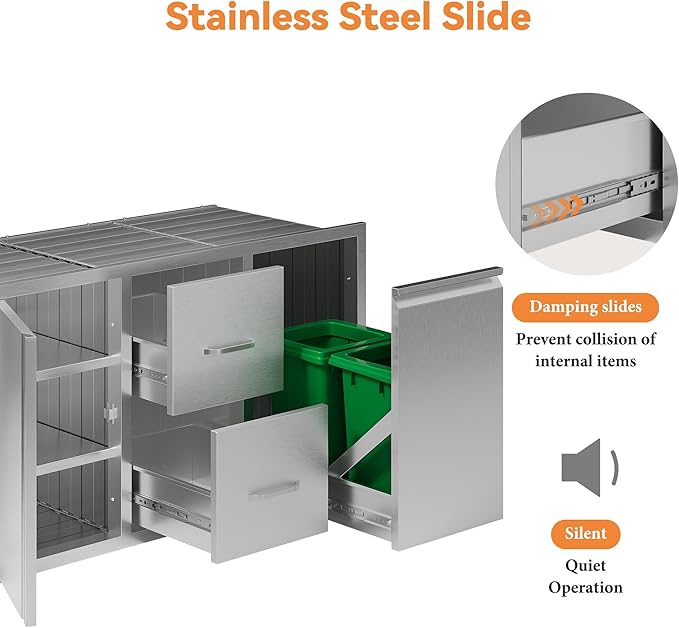 Jocisland 41.5" W20 D23 H Stainless Steel Outdoor Kitchen Drawers, Double Drawers with Trash Drawer & Door, 3-Tier Cabinet, Built-in BBQ Island Storage for Outdoor Kitchens