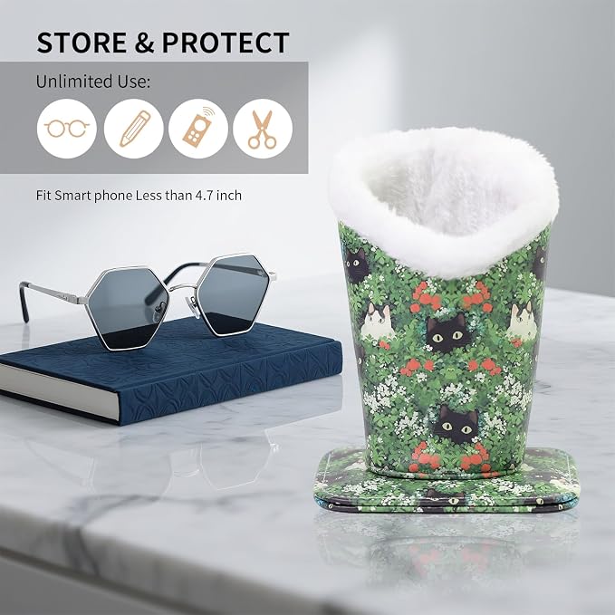 Plush Lined Eyeglasses Holder, Cute Magnetic PU Leather Glasses Stand Case for Women Men Kids