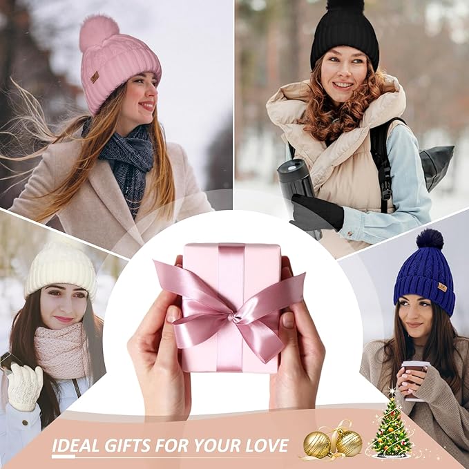Uerymit Womens Winter Warm Beanie Hat Long Scarf Touchscreen Gloves Set with Fleece Lined Skull Pom Caps 3 in 1 Set for Gift