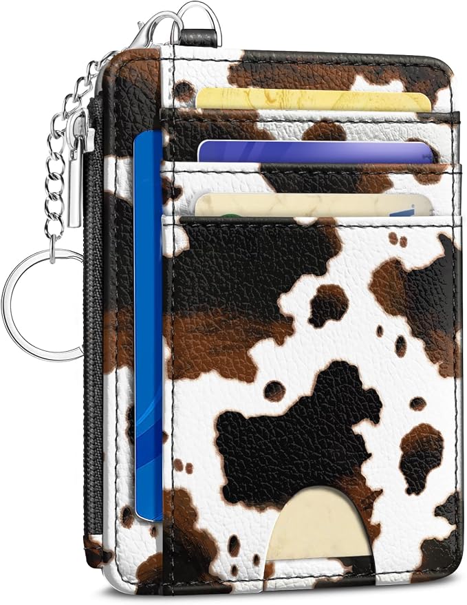 Kelvoris Credit Card Holder Small Wallet Women, Slim RFID, Cow Print | Keychain, Zipper Coin Pocket, Front Pocket Thin Travel Card Case, Minimalist, 6 Card Slots, 1 ID Window, Ladies Gifts Woman
