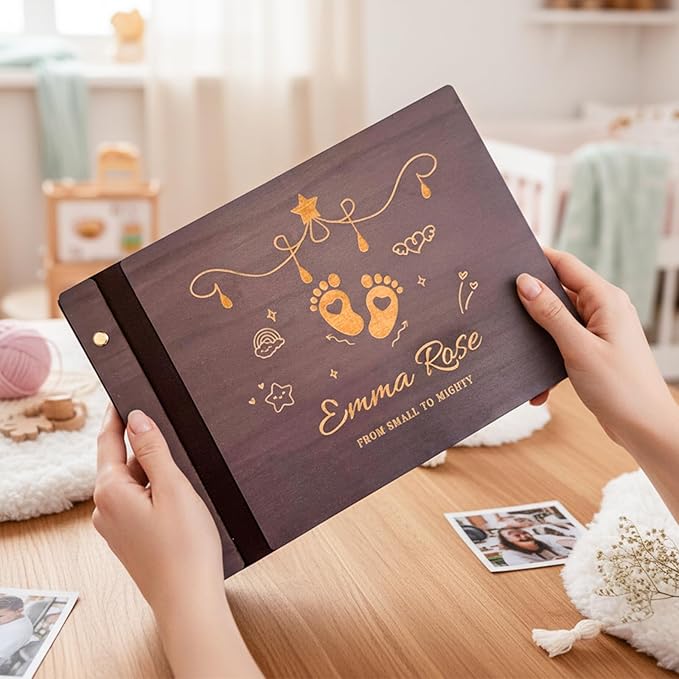 Personalized Baby Photo Album - Wooden Baby Memory Book - Custom Name Baby Scrapbook,Baby Album and Memory Book - Unique Newborn Baby Gift for New Parents