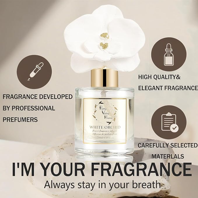 Reed Diffuser Set, Pretty Valley Home Diffuser Gypsum White Orchid Flower Oil 120Ml / 4.05fl OZ Gift Box for Bathroom Office Bathroom Living Room Decor, Long Lasting Fragrance (White Orchid)
