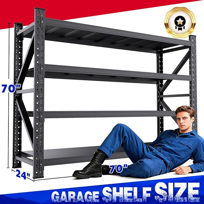 71''W Garage Shelving Adjustable Garage Shelves 5000LBS Storage Shelves,4-Tier Metal Shelving Unit Storage Shelf, Easy Assembly Utility Shelf for Warehouse, Basement, Black (70'H x 71''W x 24''D)
