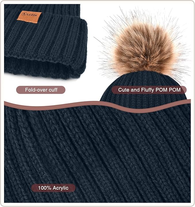 Womens Winter Beanie Hat Gloves Set,Fleece Lined Warm Knit Pom Pom Ski Hat Touchscreen Gloves Set Gifts for Cold Weather