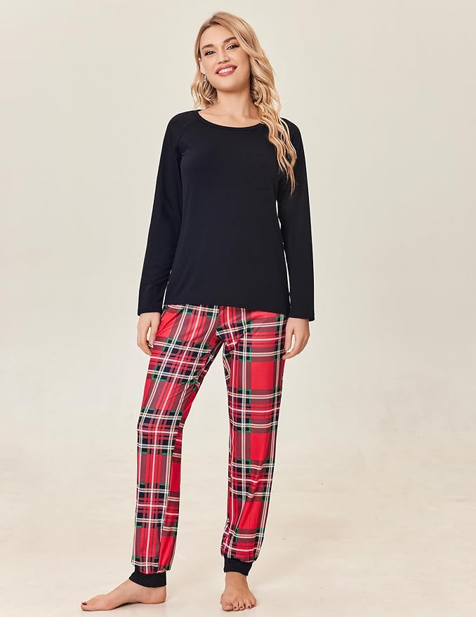 Ekouaer Family Matching Pajamas Christmas Sleepwear Long Sleeve Sleep Shirt with Plaid Pants Soft Loungewear Pjs Set S-XXL
