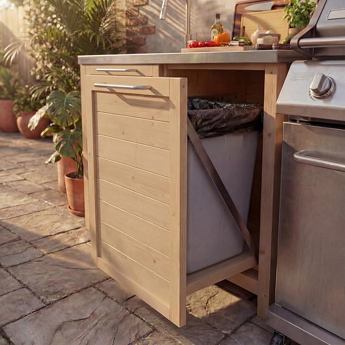 MOUMON Patio Kitchen Sink Cabinet with Stainless Steel Countertop, Solid Cedar Patio Prep Table with Trash Bin Compartment, Outdoor Cooking Station, Sink not Included, Oak 51.2”W x 23.6”D x 37.4”H