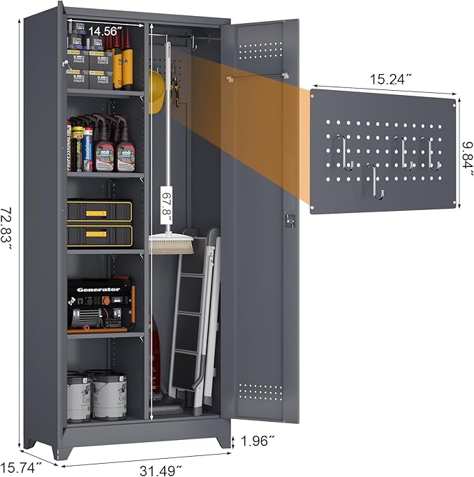 GREATMEET 72.8" H Tall Metal Garage Storage Cabinet for Cleaning Tools, Lockable Double Door Utility Organizer with Pegboard & Tool Hanging Bars, Grey