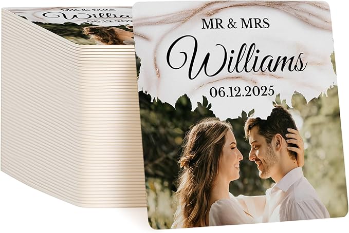 40 Pack Personalized Wedding Coasters, Custom Cardboard Coasters for Drinks with Photo Print and Text, Keepsake Wedding Favors and Gifts for Couples, 4x4 Square, Design 6