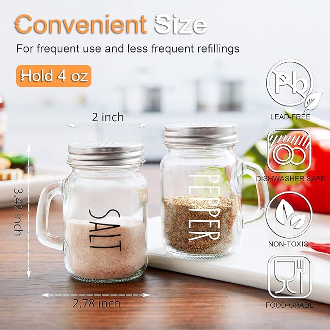 Glass Salt and Pepper Shakers Set, ZOSUJO 4 oz Cute Clear Salt Pepper Shaker, Kitchen Decor for Home Restaurants Wedding, Transparent Shaker Sets with Stainless Steel Lids