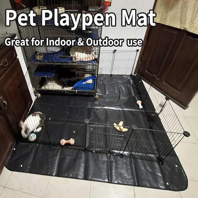 Guinea Pig Cage Liner, 59"x39" Playpen Mat, Waterproof Washable Tarp, Black | 59 x 39 in black waterproof pet mat protects floors and works as a washable, reusable liner for cages and playpens.