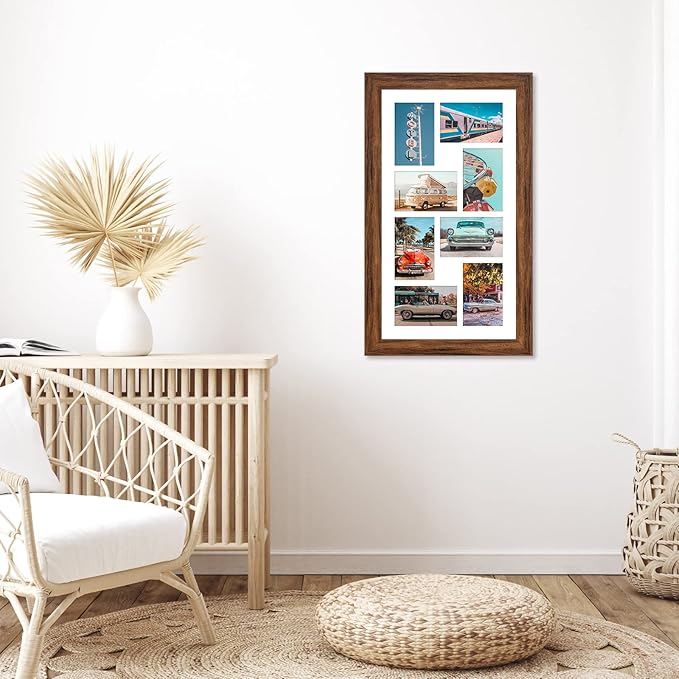 11.8x21.8 Picture Frame Display 8 opening 4X6 Picture Frame Collage,Multi Photo Frame with Mat,Plexiglass,Wall or Tabletop Decor,Carbonized Brown Wood Grain
