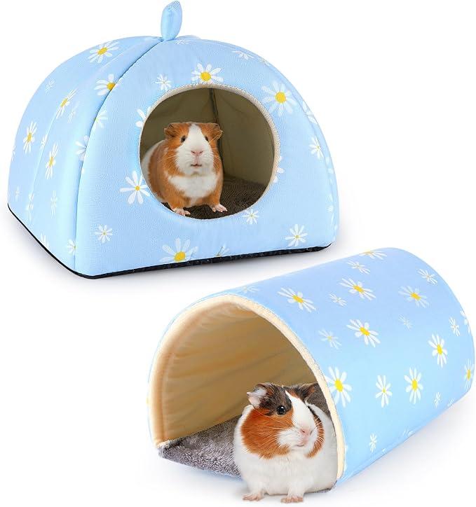 Guinea Pig Hideout, Bienbee Washable Rabbit Bed with Guinea Pig Tunnel, 2 Pack Guinea Pigs Toys Set Bunny Hideout Cage Accessories for Hamster Ferret Rabbits Bunny, Blue Daisy