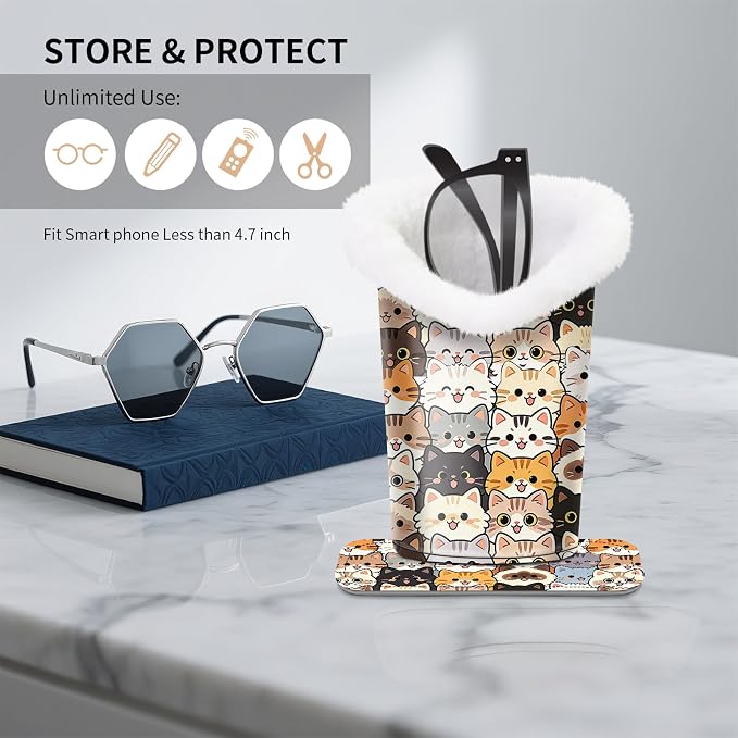Plush Lined Eyeglasses Holder, Cute Magnetic PU Leather Glasses Stand Case for Women Men Kids