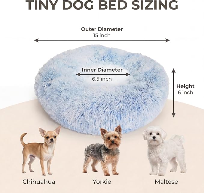 Tiny Dog Bed for Extra Small Dogs for Chihuahua Pomeranian Toy Poodle | 15 Inch Washable Puppy Bed,Soft Faux Fur Calming Donut Bed,Blue and White
