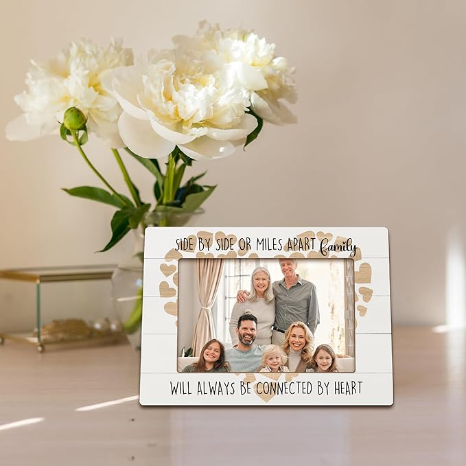 Family Heart Picture Frames, Gifts for Family Mom Dad Grandma Grandpa, Housewarming Gifts, Long Distance Wooden Photo Frames, Side by Side or Miles Apart Picture Photo Frame for Desk Table 4X6 Photos
