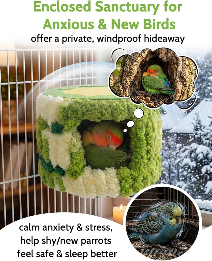 Bird Nest for Cage with Support Frame & Pad, Foot-Friendly Felt | Safe Hideout, Warm Bird Bed for Parakeets Lovebird Budgies, Winter Plush Coral Fleece Hammock Hut, Soft Washable Cozy House