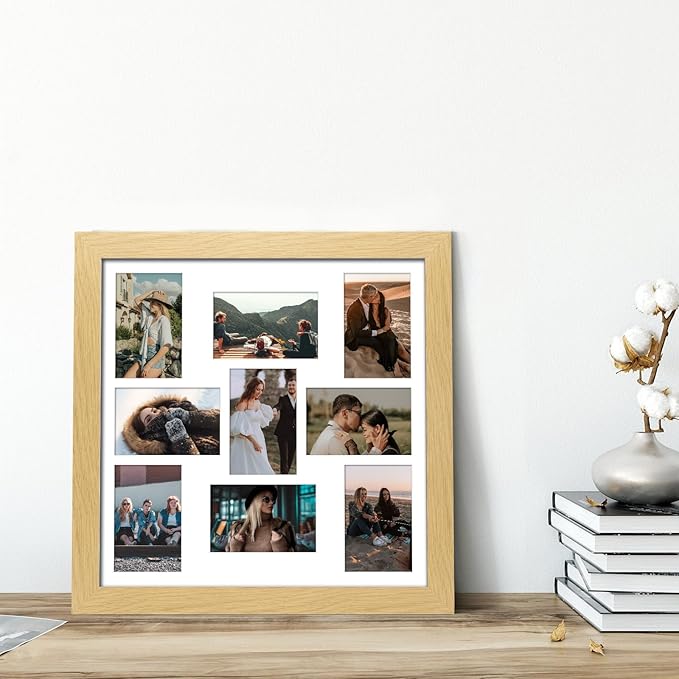 17x17 Picture Frame Display 9 opening 4X6 Picture Frame Collage,Multi Photo Frame with Mat,Plexiglass,Wall Mount Decor,Natural Wood Grain