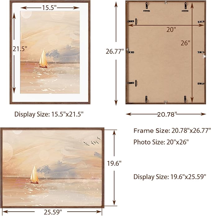 Fun Memories Rustic Oak Wood Picture Frames - 20x26 with Tempered Glass, Matted to 16x22 (Walnut, 1 Pack)