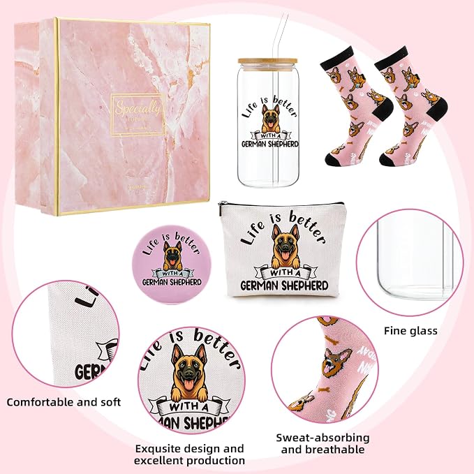 Kacctyen 5 Pcs Christmas German Shepherd Gifts for Women German Shepherd Dog Lover Gifts 16oz Glass Cup Tumbler with Lid Straw Makeup Cosmetic Bag Pocket Mirror Sock for Pet Mom Birthday Party Favors