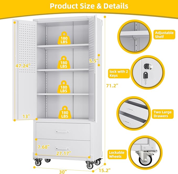 Garage Storage Cabinet with 2 Drawers and Pegboard, Metal Storage Cabinet with 2 Lockable Doors for Garage Home Warehouse,Required Assembly,White,71.2" H*15.2" D*30" W