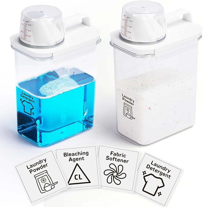 Laundry Detergent Dispenser-2 Pack, 61 oz Detergent Dispenser with 4 Removable Labels, Laundry Soap Dispenser for Laundry Room Organization and Storage, BPA Free & PET Plastic Clear