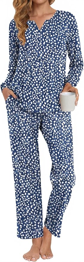 Anyally Women's Plus Size Pajama Sets Ladies Fall Pjs 2 Pieces Lounge Outfits V Neck Long Sleeves Sleepwear with Pockets