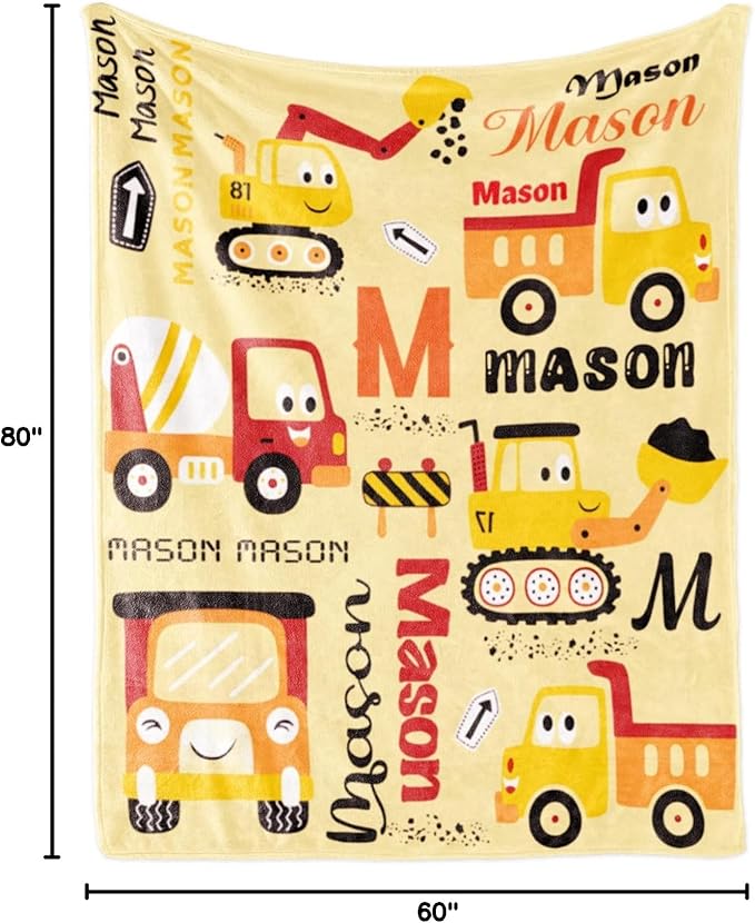 Personalized Construction Blanket with Name for Baby Boys Girls, Custom Truck Blanket Construction Vehicles, Soft Flannel Toddler Blankets Customized Gift for Newborn Baby Shower Birthday-60x80inch