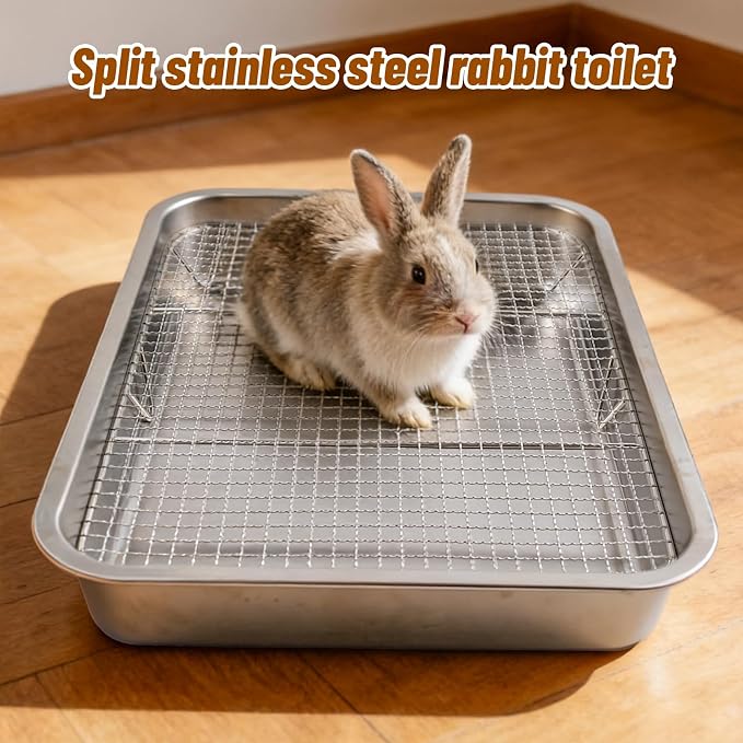 Rabbit Litter Box Stainless Steel Gird Rabbit Litter Box,304 Stainless Steel Sifting Tray with &Non-Slip Feet Mats,Small Animal Toilet Potty Tray Easy to Clean and Wash