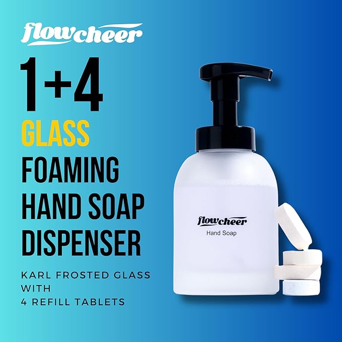 Foaming Hand Soap Refill Tablets - Glass Foaming Soap Dispenser Combo - Frosted Real Glass Bottle 11 oz - 4 Refill Tablet Included Start Kit - Soap Pump for Bathroom Kitchen Countertop