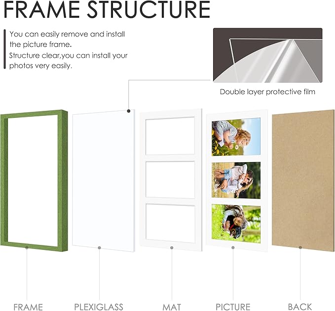 8x14 Collage Picture Frame 4x6 Collage Picture Frame Displays Three 4x6 inch Photos or 8x14 (Without Mat) for Available Horizontal Wall Mounting Display and Vertical Green