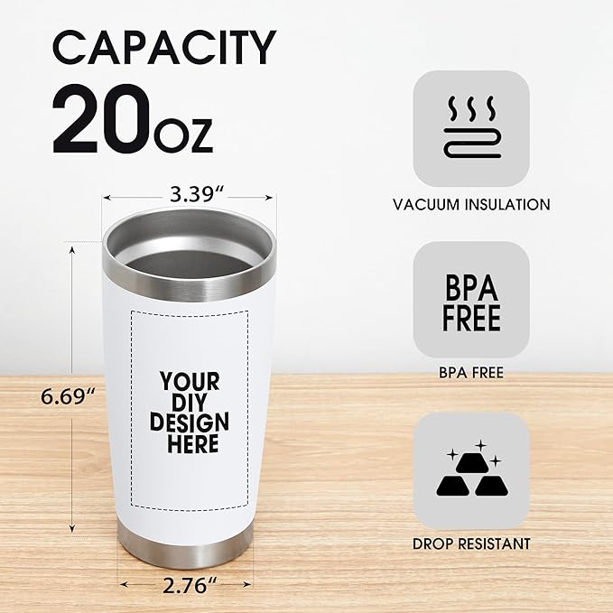 Personalized Custom Tumbler Print in USA 48 Pcs 20oz Stainless Steel Coffee Cup with Lid & Straw Double Wall Insulated Tumbler with Colorful Text Logo Photo