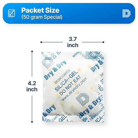 Dry & Dry 50 Gram [50 Packets] Orange Indicating Silica Gel Packets Desiccants - Food Safe Silica Packs, Silica Gel, Silica Packets, Desiccant Packs for Food Storage