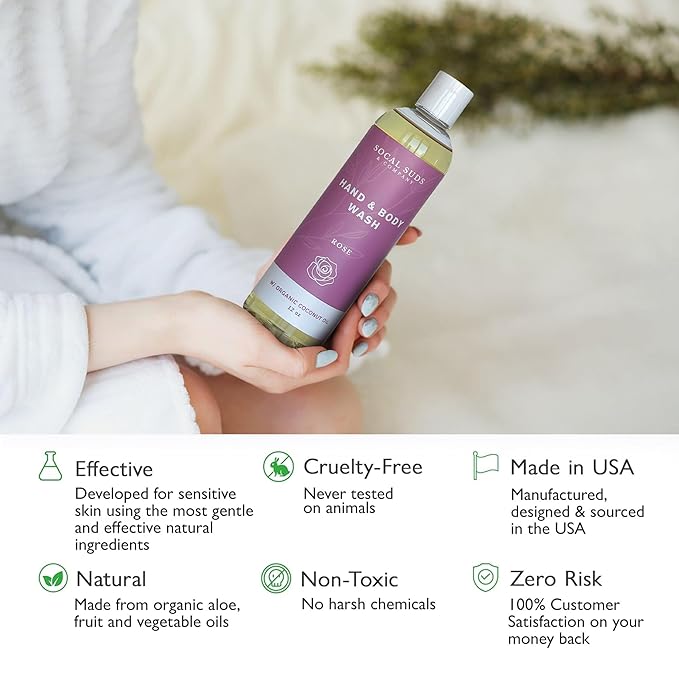 SoCal Suds & Company - 12oz Organic Soap Liquid, Gentle Hand & Body Wash, Organic Body Wash for Men and Women, Made w/Organic Oils & Coconut Oil, Bath Essentials for All Skin Types - 2pk Rose
