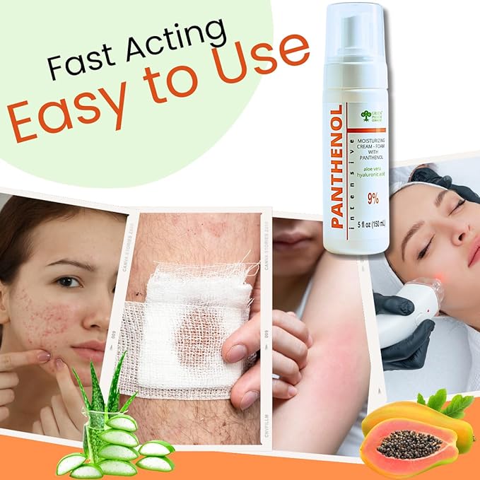 9% Panthenol Foam Spray - Redness Relief Moisturizer | Acne, Burn & Skin Repair with Aloe & Hyaluronic Acid – Post-Laser, Stitches, Tattoo & Hair Transplant, 5Oz