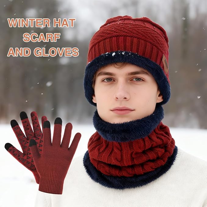Winter Beanie Hat Scarf Glove Set for Women Snow Knit Thick Fleece Lined Ski Hat,Mens Warm Neck Warmer Touchscreen Mittens