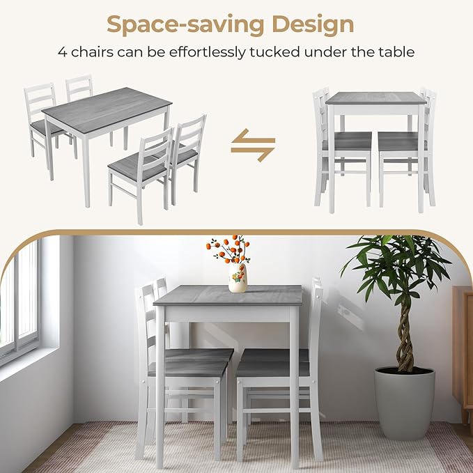 Tangkula Dining Table Set for 4, Farmhouse Solid Wood Dinette Set w/Rubber Wood Legs, Compact Wooden Dining Table and Chairs Set for Kitchen, Dining Room (Grey+White)
