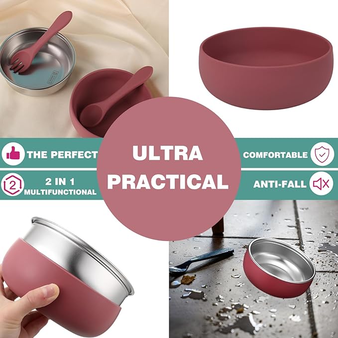 6 Pack Stainless Steel Kids Bowls, Baby Bowls with Removable Silicone Shell, Anti Scald Toddler Snack Container Dishwasher Safe (Without Suction)