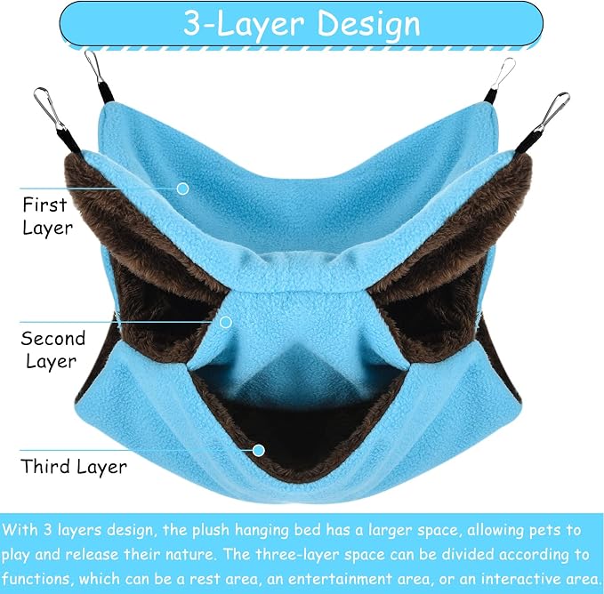 3 Tier Ferret Rat Hammock, Guinea Pig Cage Accessories, Cute Blue | Rat Hammock for Cage, Pet Cage Hanging Hammock, Small Animals, Guinea Pig, Ferret, Kitten, Squirrel, Chinchilla, Rat, Parrot