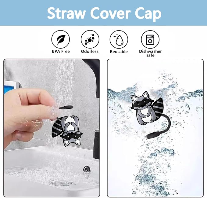 Animal Straw Toppers For Stanley Cups;Straw Covers Cap Toppers Compatible With Stanley 30&40 Oz Tumbler, Reusable & Silicone Tumbler Straws Topper For 0.4 Inch Tips Animal Lover Gifts (Grey Raccoon)