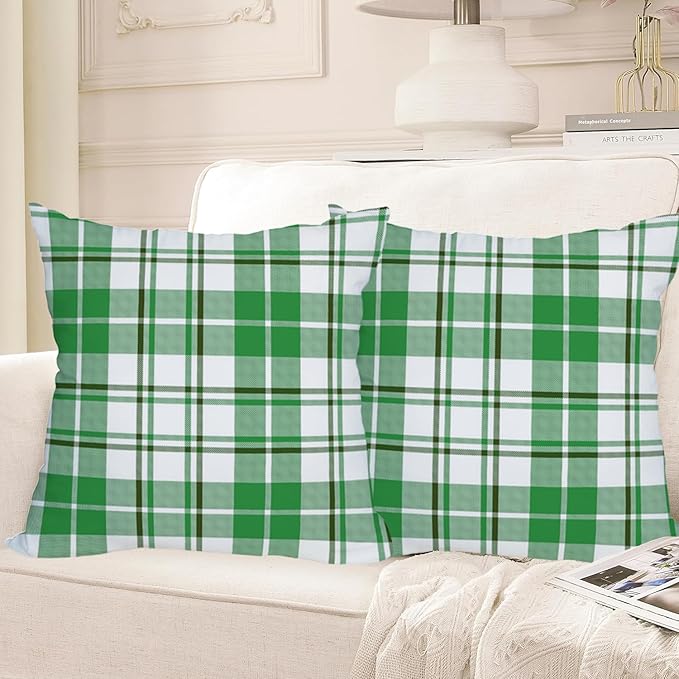 Fukeen 2 Pack Waterproof Outdoor St. Patrick's Day Pillow Covers 16x16 Inch Green and White Buffalo Plaids Checked Throw Pillow Cases Spring Farmhouse Decorations Cushion Cover Double Sided