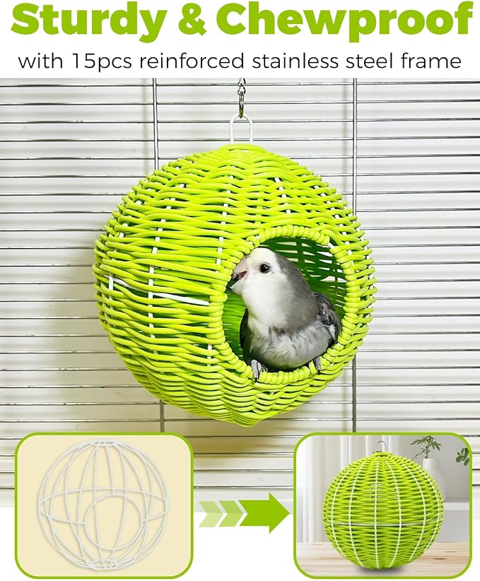 Chewproof Steel Frame Bird Nest for Cage, Washable Small Bed Hammock | Bird Hideout Lay Eggs Parakeet Nest Sleep Rest, Parakeet Warm Bed House Hut for Lovebird, Canary, Budgie, with Cushion