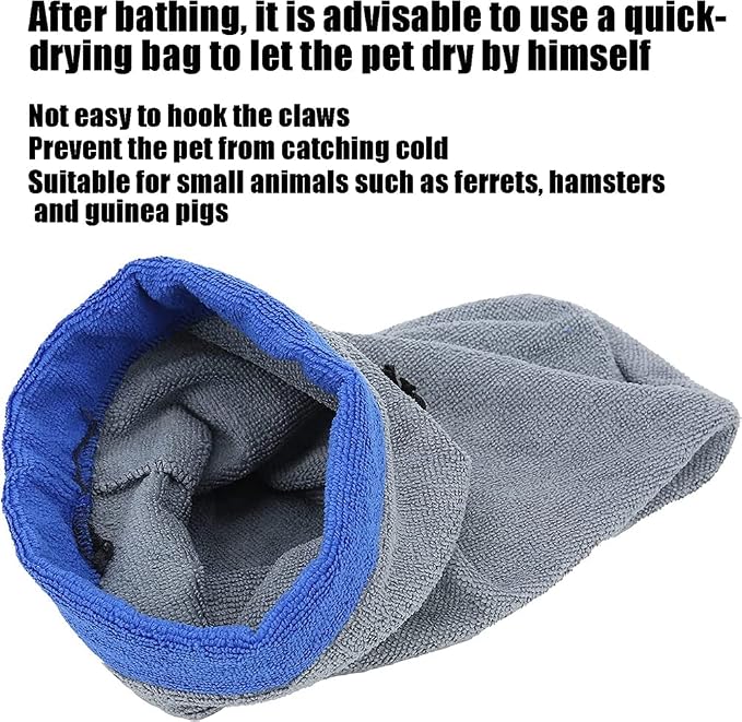 2 Pack Ferret Bath Towel Bag - Fast Drying Absorbent Bathrobe with Adjustable Drawstring Microfiber Towel for Hamster Squirrel Bearded Dragon Rabbit Small Animal Grooming Accessories (Blue+Grey)