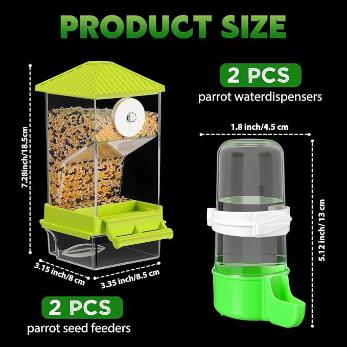 Yaomiao 4 Pcs No Mess Small Bird Feeders Automatic Parakeet Water Dispenser Clear Quail Feeder and Watered Cage Accessories for Small and Medium Parakeet Cockatiel Canary(Assorted,Green)