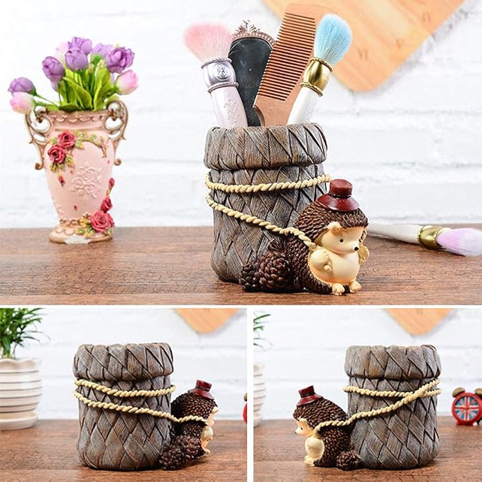 Lependor Cute Hedgehog Desk Pen Pencil Pot Holder, Toothbrush Holder, Resin Desktop Organizer Container, Stationery Storage, Office Desk Decoration, Study Bookshelf Decor - Work
