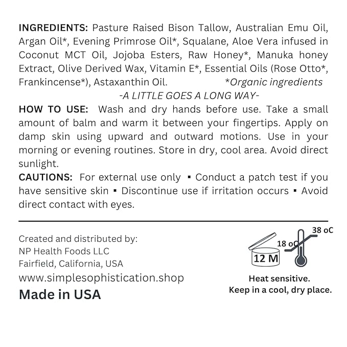 BISON | EMU | HONEY Balm - made with pasture raised Bison tallow and antioxidant Astaxanthin | Tallow Balm | with honey and emu oil | All natural | suitable for sensitive skin - 2 fl oz