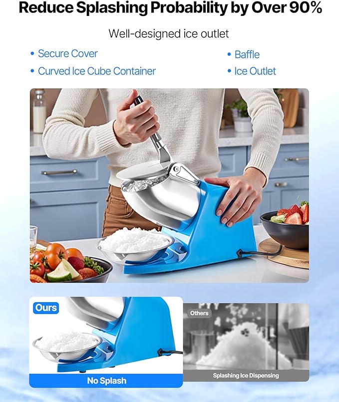 VEVOR Ice Crusher Machine, 286lbs Per Hour Electric 4 Blades Snow Cone Maker, Stainless Steel Shaved Ice Machine with Bowl and Cover, 300W 2000RPM Ice-Shaver for Home and Commercial Use, Blue