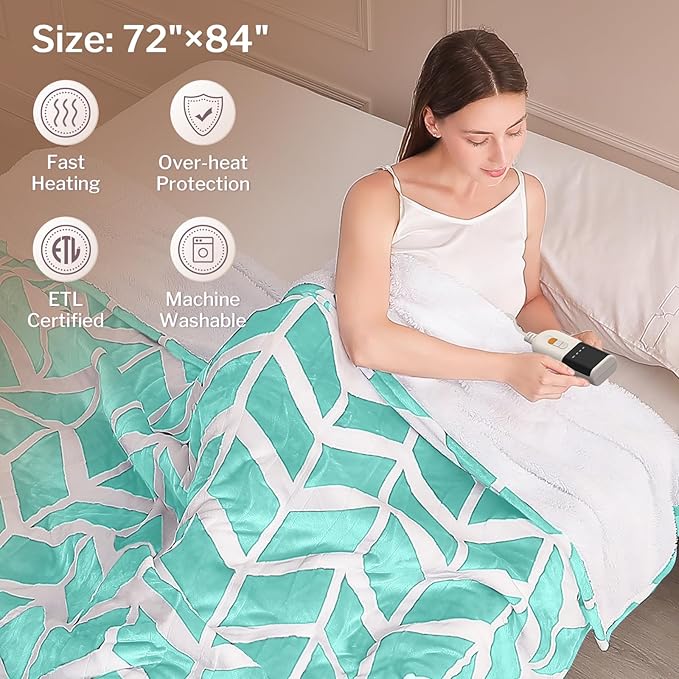 VENTIMI Electric Blanket Heated Throw, 72" x 84" Heated Blanket with 9 Heat Levels & 2 to 10 Hours Auto Off, Fast Heating Blankets with ETL & FCC Certification, Green