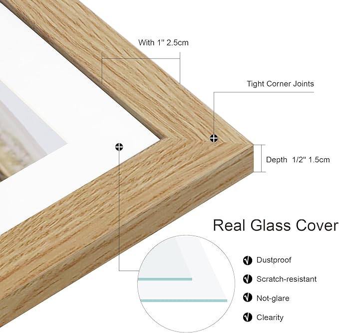 10x14 Picture Frame Set of 4, Made of Glass and Natural Oak Wooden Frame, Display 8x12 Pictures with Mat or 30 x 40cm Diamond Painting Art without Mat for Wall Mounting, Gallery Photo Frames