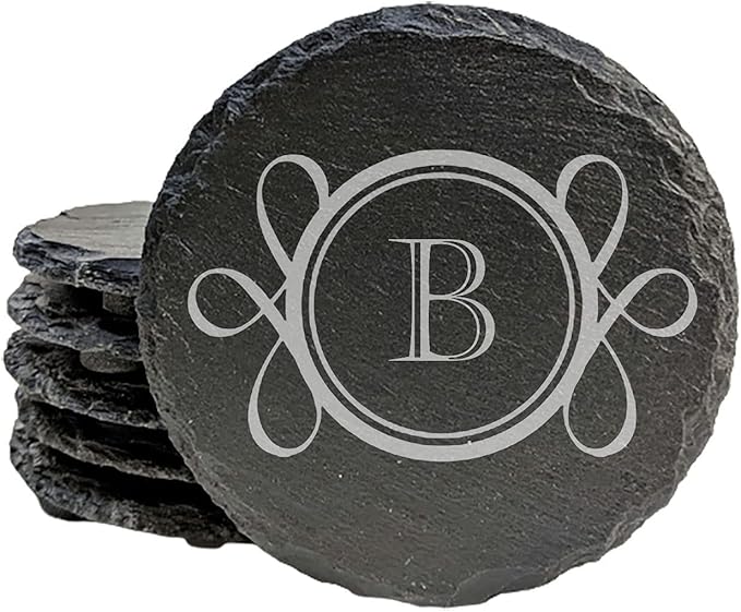 A Touch of Elegance: Personalized Slate Coasters with Monogram - Round Slate - Set of 5