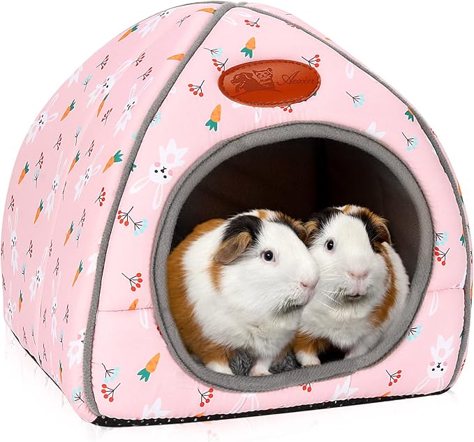 BWOGUE Guinea Pig Bed Large Hide-Out Cozy House Bed for Rabbits Ferret Chinchilla Bearded Dragon Winter Warm Cage Nest Hamster Accessories Cute Bunny and Carrot Pattern | Removable Cushion for Cleaning, Warm Fleece Nest, Washable Bed, 10.6 x 10.6x 11 i...
